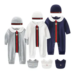 3pcs conjuntos para bebê algodão manga comprida macacão + chapéus + bibs kids jumpsuits recém-nascidos onesies toddler roupas primavera outono infantil romper