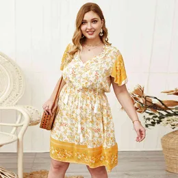 Jastie Floral Print Mini Dress Boho Sommar Kortärmad V-Neck Klänningar Plus Storlek Gypsy Beach Dress Casual Kvinna Vestidos 210419