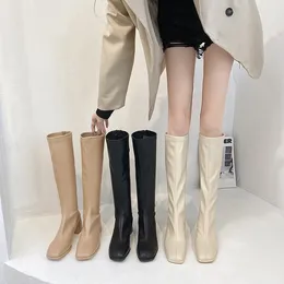 Ny vinterstil med fleece Medium Chunky Heel Knight Boots Kvinnors High Tube Thinner-LookedL Shorty Lång Stövlar Blå Vit Stripes Sandaler Denim Flat Slipprs Swhite