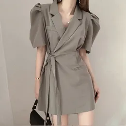 Korean Fashion Temperament Elegant Lapel Was Thinner With Puff Sleeves Solid Color Shirt Skirt Female Summer 16W943 210510