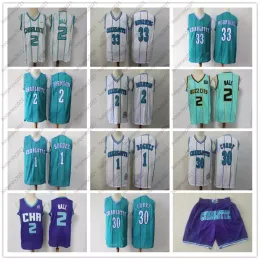 Мужская Джерси 33 Alonzo траур 2 Ларри Джонсон 1 болота 30 Dell Curry 2 Mastelo Ball Baskball Shorts