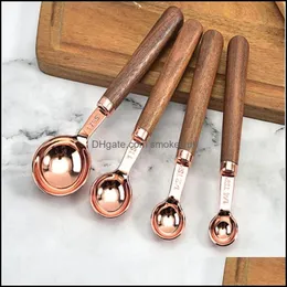 Spoons Flatware Kitchen, Dining & Bar Home Garden 4Pcs/Set Rose Gold Measuring Scoop Walnut Wooden Handle Kitchen Tool Plating Drop Delivery