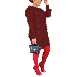 Casual Dresses Women Feathers Loose Red Dress Autumn Round Neck Long Sleeve Female 2021 Winter Soild Color Office Lady Vestido