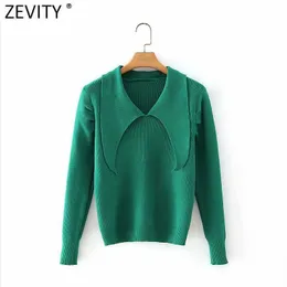 Zevity Moda Feminina Colarinho Baixo Tricô Suéter Feminino Chique Pregas Manga Bufante Casual Slim Pullovers Tops S641 210603