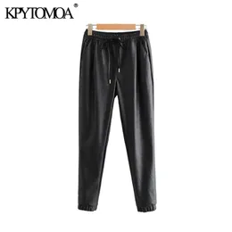 Vintage Stylish PU Läderfickor Byxor Kvinnor Mode Elastisk Midja Dragskjorta Slips Ankelbyxor Pantaloner Mujer 211216