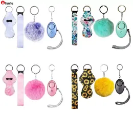 7 Colors Fashion Defense Keychains Set Pompom Alarm Keychain Lipstick Holder And Wristband For Woman Men Self-defense Keyring fwe