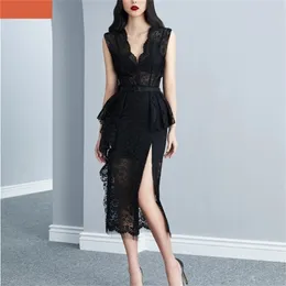 Letnia szata Femme koreańska elegancka koronkowa bawełniana sukienka maxi damska bez rękawów dekolt w serek haftowana syrenka długa impreza 210603
