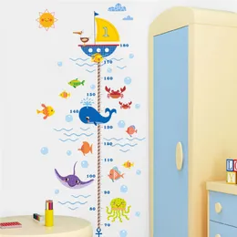 Cartoon Shark Fish Boat height measure wall sticker for kids room pvc growth chart wall decals posters mural Bathroom Decor 210420