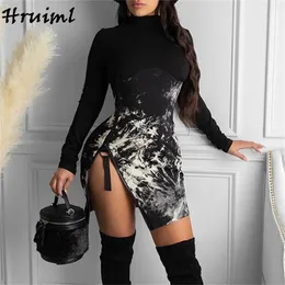 Black Dress for Women Long Sleeve Turtleneck Bodycon Mini Fashion Tie Dye Print Zipper es Autumn Kobieta Sukienka 210513