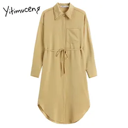 Yitimuceng Vintage Sashes Button Up Vita alta Mini abiti Donna Turn-down Collar A-Line Solid Spring Fashion Dress 210601