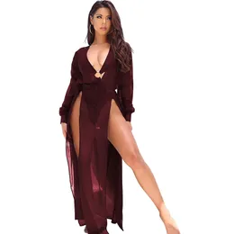 Womens Chiffon Long Sleeve Solid Deep V-Neck Solid Maxi Dress Unique Loose Summer Boho Dresses 5 Colour Select Size (S-2XL)