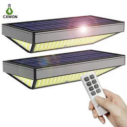 Luz de parede solar 138 LEDs Smart LED Jardim Lâmpadas 4 Modo de Trabalho Motion Sensor 600LM 3 Lado Iluminação Luzes ao ar livre com controle remoto