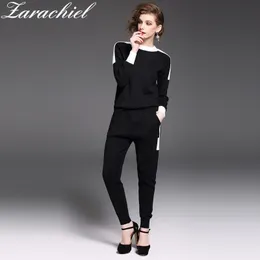 Fashion Knitted Tracksuit 2 Peça Outfit Lazer Terno Mulher Casual Pullover Sweater Hoodies e Calça Definir Trajes 210416