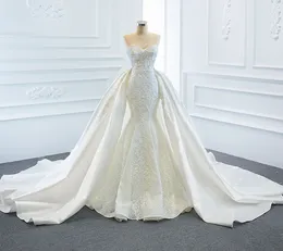 2022 BRIDELKOWN NYA ANVÄNDNINGAR 2 stycken Pärlor Lace Mermaid Bröllopsklänning med avtagbar Chapel Train Vestido de Noiva Sereia 2 Em 1 Robe de Mariage