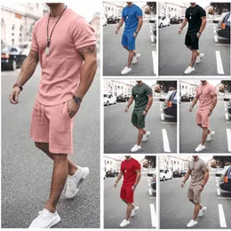 Mode ny stil vår sommar män sport alla bomull kostym kortärmad tröja t-shirt + shorts herrar varumärke kläder 2 stycken set x0909