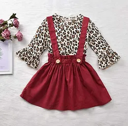 Toddler Girl Letnia Zestaw Ubrania Flare Rękaw Leopard T-shirt Topy + Suspendery Spódnice Dziewczyny Boutique Stroje Kid