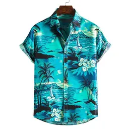 Skriv ut Men Strand Casual Hawaiian Holiday Mens Aloha Shirt Oversized Kortärmad Camisas Flower Vacation Coconut Tree Camisa 210809