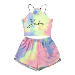 Summer Tie Dye Two Piece Set Women Print Crop Top and Shorts Set Elegant Homewear Ladies Dames 2 Piece Set Casual Streetwear Y0719