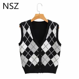 NSZ Women Argyle Style Sweater Vest Fall Fashion Crop Top Sleeveless Rhombus Sticked Cardigan Jumper Tank Waistcoat 210909