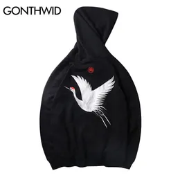 Gonthwid broderi japanska kran hoodies män / kvinnor hip hop casual streetwear hooded sweatshirts hajuku man hoodie 210813