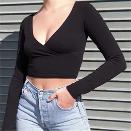 Brandy Mandy Dropshipping Toppar Kvinnor T-shirts Höstkläder 2021 Långärmad Y2K Top V-Neck Tee Shirt Flickor Black Enkel T-shirt x0628