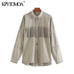 KPYTOMOA Kvinnor Fashion Oversized Frayed With Fringe Denim Jacket Coat Vintage Långärmad Tassel Kvinna Ytterkläder Chic Toppar 211029