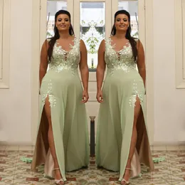 Light Green Plus Size Appliqued Prom Dresses Sheer V Neck Suknia wieczorowa Linia Split Side Siffon Długość Formalna Sukienka Abiye 2022