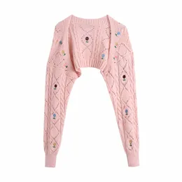 カジュアルな女性の柔らかい刺繍のかぎ針編みカーディガン春のファッションレディース甘い花ニットウェアの女の子シックな短いセーター210515
