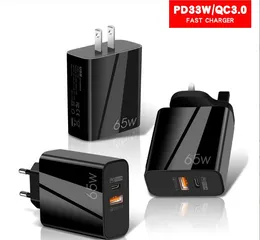 65W PD Type c USB-C wall charger Super Fast Quick Charge Eu US 2Ports Power Adapters For smartphone Samsung Tablet PC Android Phone