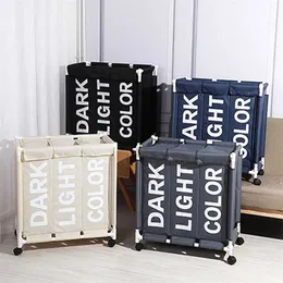 Dirty Laundry Basket With Lid 3 Grid Divided Large Laundry Basket Hamper Linen Organizer Storage Box For Clothes Waterproof 211112