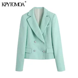 KPYTOMOA Moda Donna Doppio Petto Ritagliata Giacca in Tweed Cappotto Vintage Manica Lunga Tasche Capispalla Femminile Chic Veste 211019