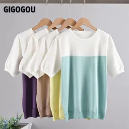 Gigogou 패션 Tshirt 여성 사탕 컬러 T 셔츠 패치 워크 O 넥 티셔츠 짧은 소매 여성 의류 니트 여름 셔츠 탑 210719
