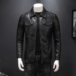 Black Faux Leather Jackets Men Fashion Business Windbreaker Turn Down Collar Multi-pocket Casual Slim Fit Biker Clothing Man 211009