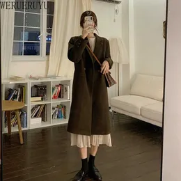 Werrueruyu zima wełniana mieszanka kobiet koreańska moda długie płaszcze vintage minimalistyczny płaszcz wełniany oversize przegrzanie 210608