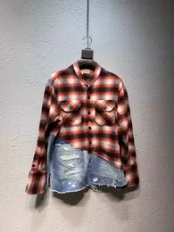 Män Röd Plaid Flannel Patchwork Denim Distressed Shirt Oversize Fit Mäns Casual Shirts