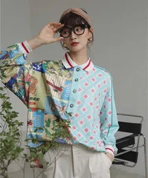 春と秋の長袖ポロブラウスの女性のゆるい中国風のスプライシングレトロプリントシャツプラスサイズのシャツ210615