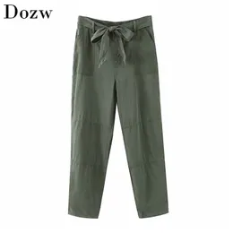 Women Solid Cargo Pants With Belt Baggy Loose Casual Bottoms Drawstring Pleated Long Trousers Female Work Office Pantalon Mujer 210515