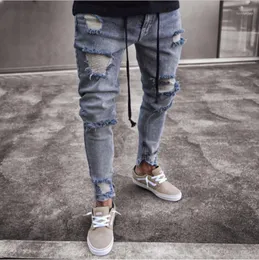 Męskie dżinsy strapione ołówek dla mężczyzn streetwear szczupły fit skinny denim spodnie rozdzierające dziury mężczyzna Celana kostka zamek błyskawiczny