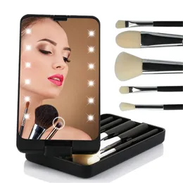 Makeup Mirror LED Light with 5pcs brushes Case Organizer Folding Portable Touch Screen Leds Mirrors Brushes Storage Box Travel Cosmetic tools