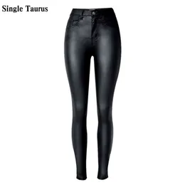 Alto cintura Pu imitação de couro jean moda preto elasticidade femme femme push up slim vaqueros mujer lápis calças 210809