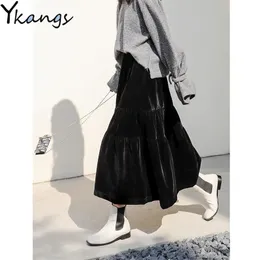 Aksamitna wysoka talia długi spódnica kobiety jesień zima koreański czarny plisowany styl vintage kobiet Midi Saia 210421