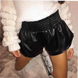 Black Faux Leather Biker Shorts Women Elastic High Waist Wide Leg Fashion Autumn Casual Ladies Sexy Femme 210719