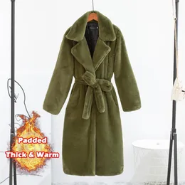 여성 겨울 따뜻한 가짜 모피 코트 두꺼운 여성 긴 코트가 칼라 여성 따뜻한 코트 벨트 카사 코와 슈시 210917