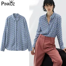 designer style blue floral printed casual long sleeve blouse women elgant office lady shirt tops spring summer dailywear 210421