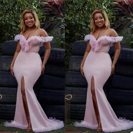 Light Pink Mermaid Evening Dresses Red Carpet Tiered Ruffles Off Shoulder Party Gowns Plus Size Front Split Prom Club Dress
