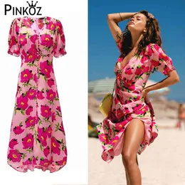 ボヘミアンの花のビーチスタイルのドレス女性Vネックボタン装飾花柄プリントボーカジュアルスリップファッション210421