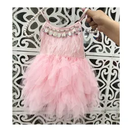 Vestido Girl Princtutu Drheavy Work Pärled 2019 Summer Feather Pleated Toddler Clothes Baby 1-7 år GDR612