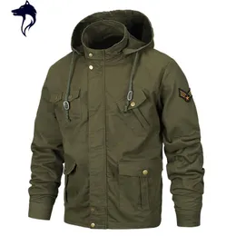 Jackets masculinos Spring e Autumn Military Jacket Men Cotton Brand Outwear Multi-Pocket Mens Capeled com capuz removível