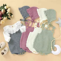 Emmababy Free Born Pure Color Knitted SleeSeLes Jumpsuit Playsuit + Hat Bomull Toppar Kläder 210816