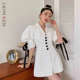 Women Dress Lapel Collar Bubble Sleeve Single Breasted Bow Ribbon Temperament Fashion Summer 2H802 210526